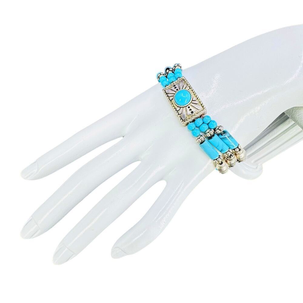 Premier Designs Bracelet Three Strands Blue Multi-Shape Beads Silver Plated 7.5"